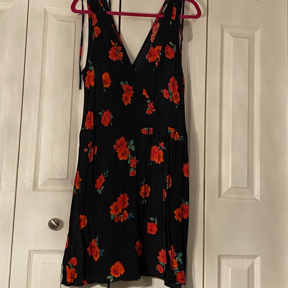 Express Black Dress with Red Floral Pattern